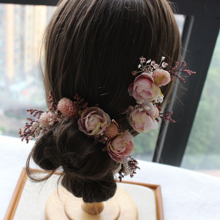 Three-piece Bridal Headdress With Dried Flowers And Roses