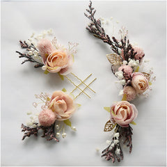 Three-piece Bridal Headdress With Dried Flowers And Roses