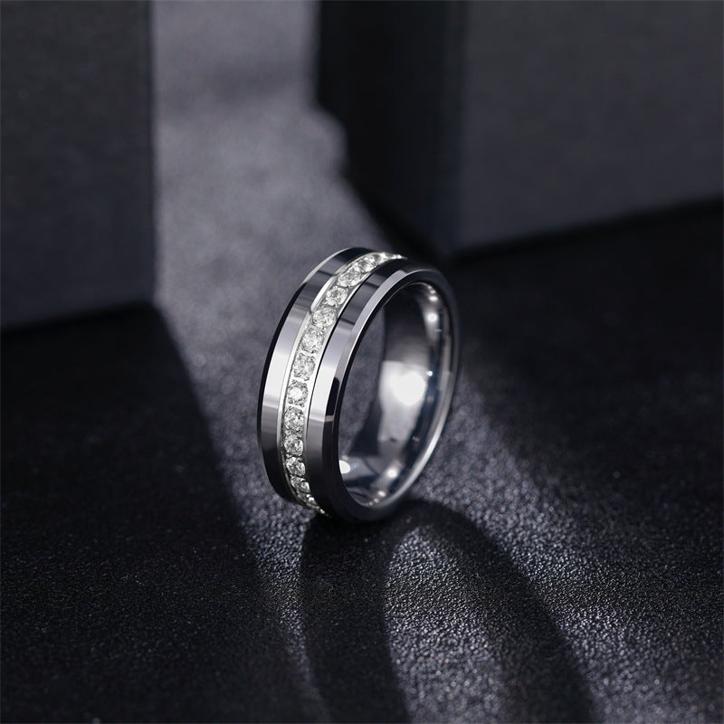 Single Row Diamond-embedded Slope Edge Unisex Silver Tungsten Ring