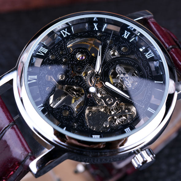 Men's Mechanical Watch Fashion Casual Retro Roman Style Hollow-out Watch