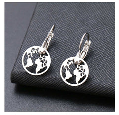 Stainless Steel Accessories Full Polished Laser Cut World Map Earrings Women