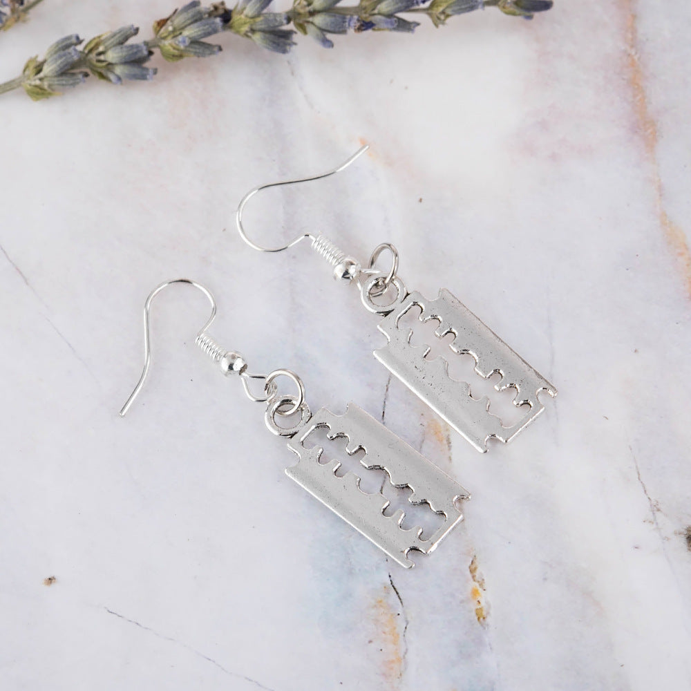 Razor Antique Silver Blade Pendant Earrings