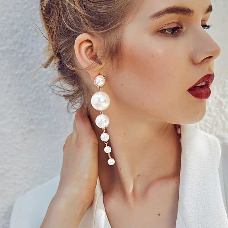 Large And Small Imitation Pearl Long Earrings