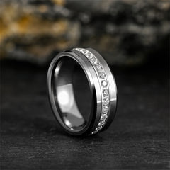 Single Row Diamond-embedded Slope Edge Unisex Silver Tungsten Ring