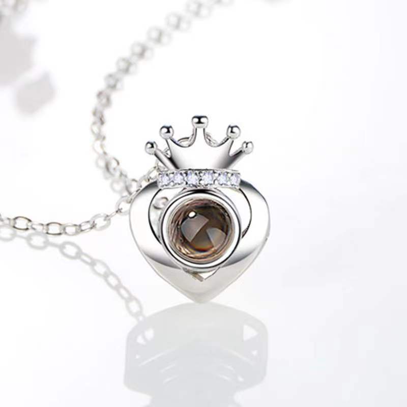 Women's Silver Heart Crown Projection Necklace