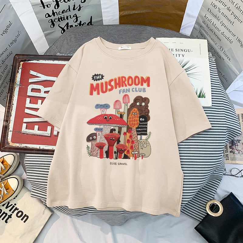 Cute Cartoon Mushroom Print Round Neck Loose T-shirt Short Sleeve