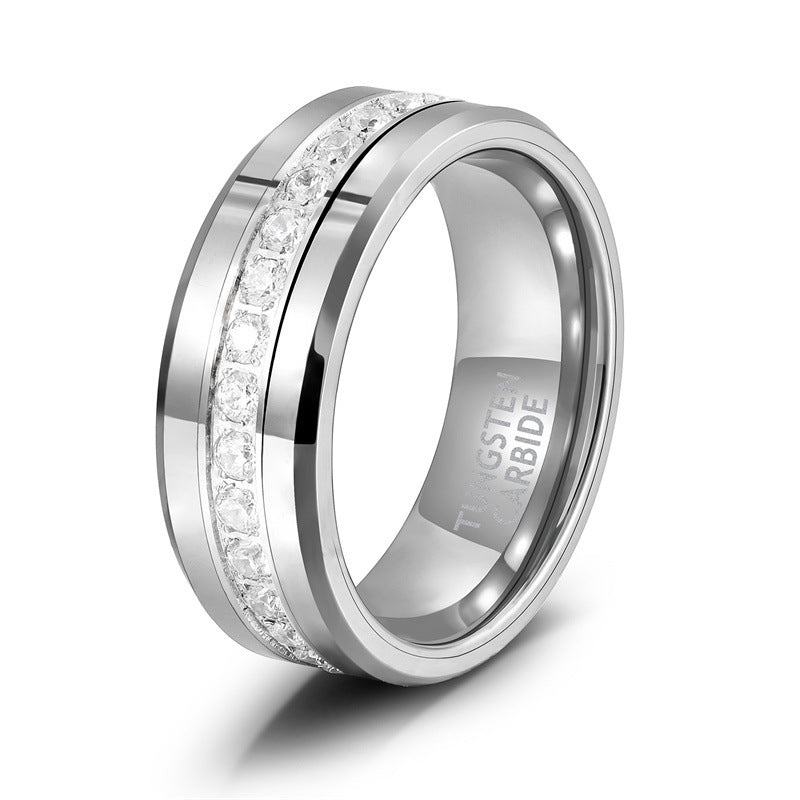 Single Row Diamond-embedded Slope Edge Unisex Silver Tungsten Ring