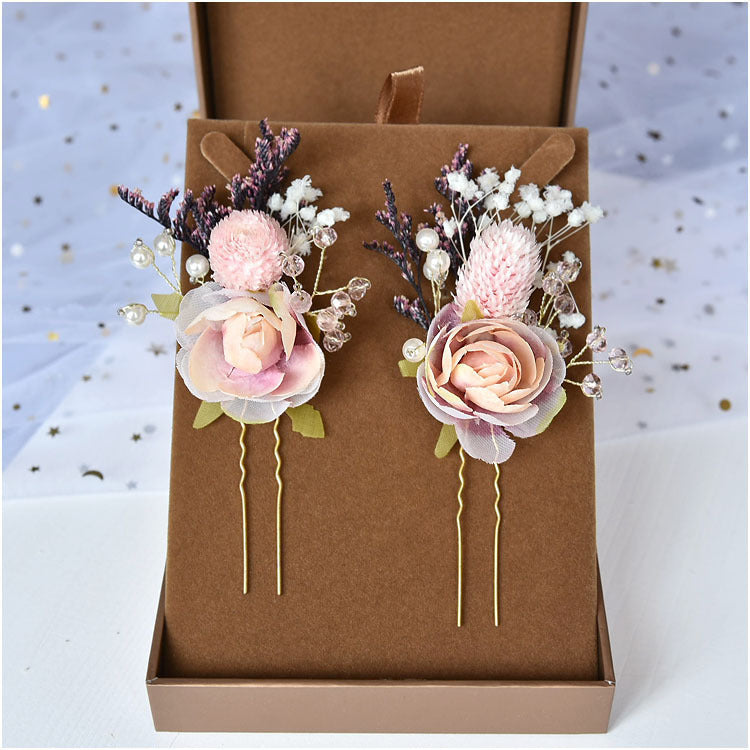 Three-piece Bridal Headdress With Dried Flowers And Roses