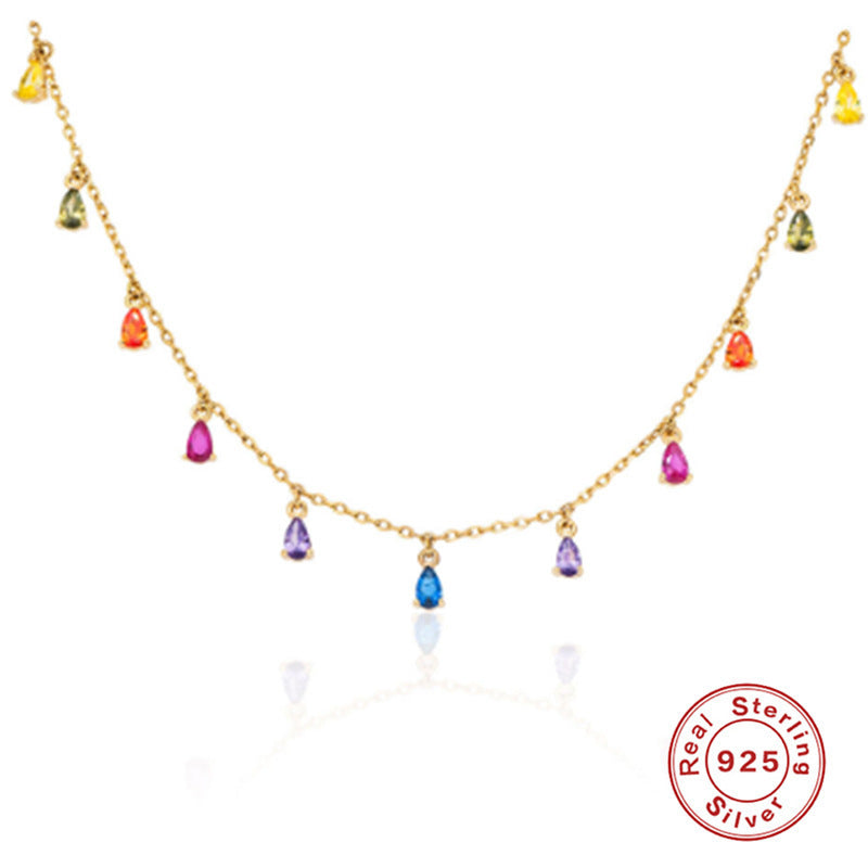 S925 Sterling Silver Colorful Crystals Water Drop Pendant Clavicle Necklace