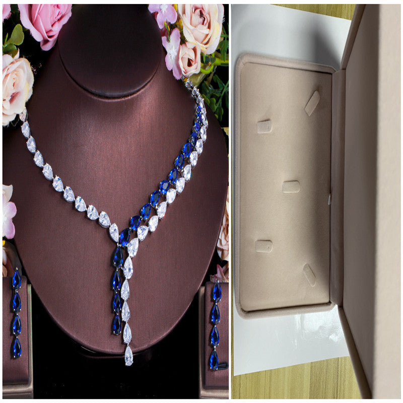 Two Tone Patchwork Teardrop Zircon Jewelry Necklace Earring Set Chain