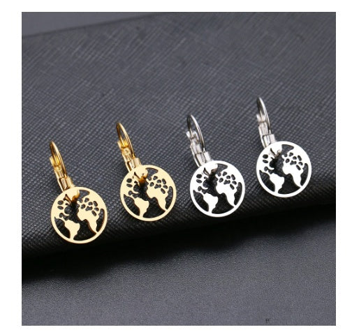 Stainless Steel Accessories Full Polished Laser Cut World Map Earrings Women