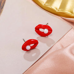 Korean Fashion Jewelry Female Red Lips Inlaid Pearl Big Mouth Earrings