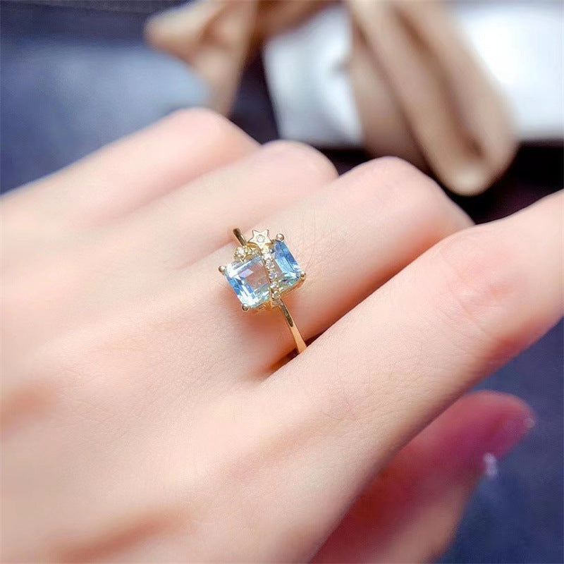 Natural Sky Blue Topaz Ring 925 Silver Inlay Light Luxury