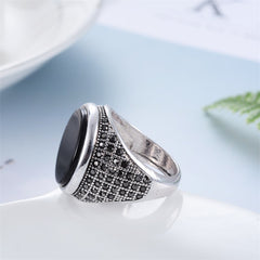 Men's Round Vintage Full Diamond Black Gemstone Ring