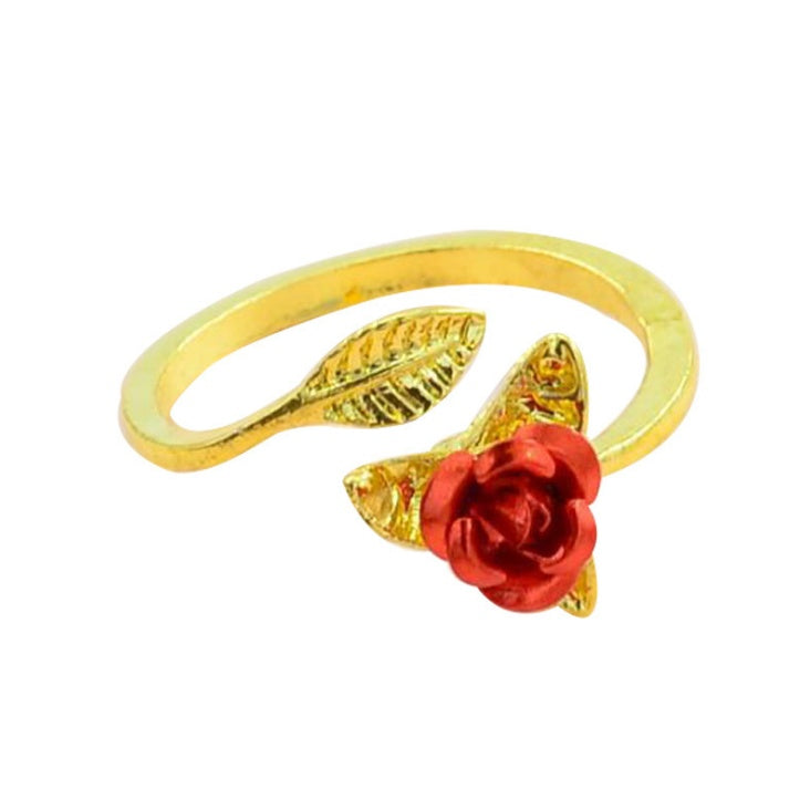 Red Rose Garden Flower Leaves Resizable Gold Finger Rings