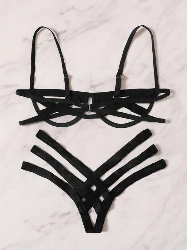 Bandage-style steel prop bikini set front view in black.