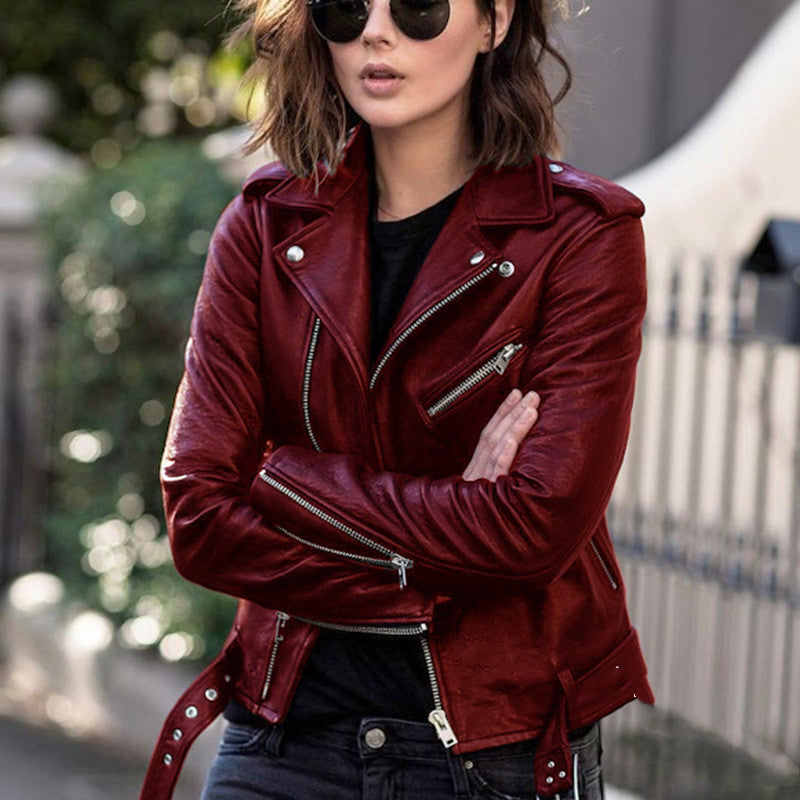 Biker Zip leather jacket Black Red