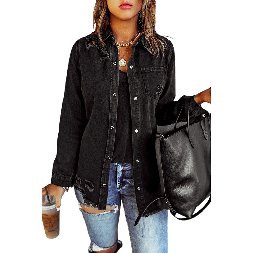 Black Long Sleeve Ripped Denim Jacket