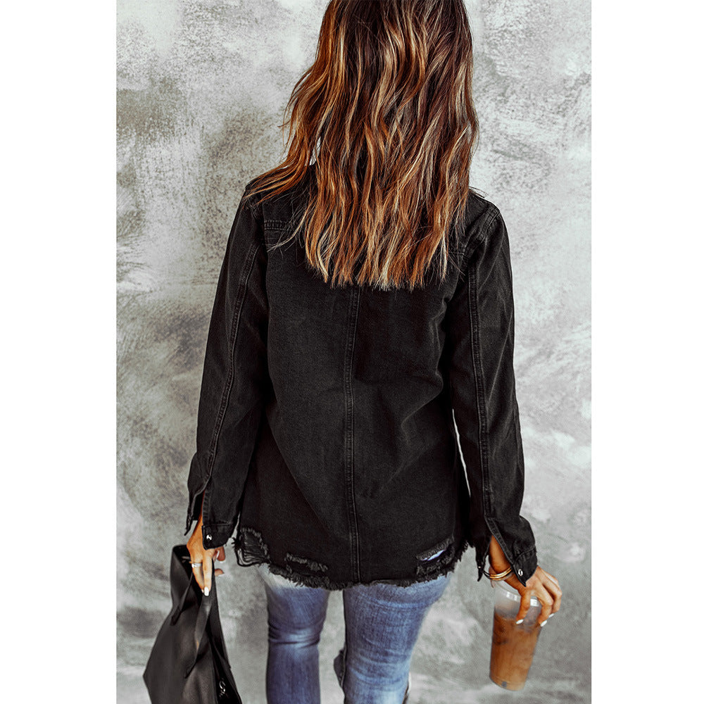 Black Long Sleeve Ripped Denim Jacket for Women