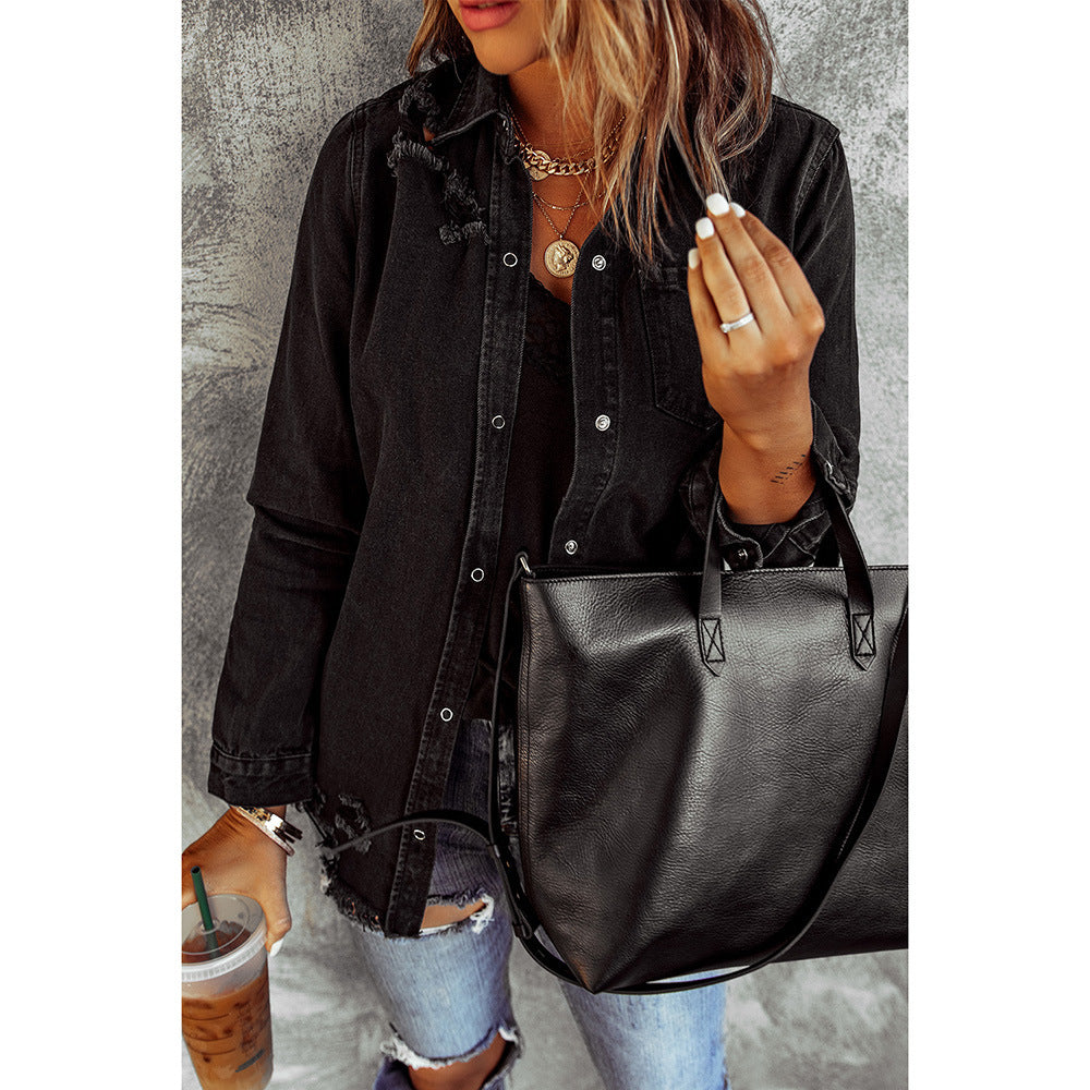 Black Ripped Denim Long Sleeve Jacket Coat