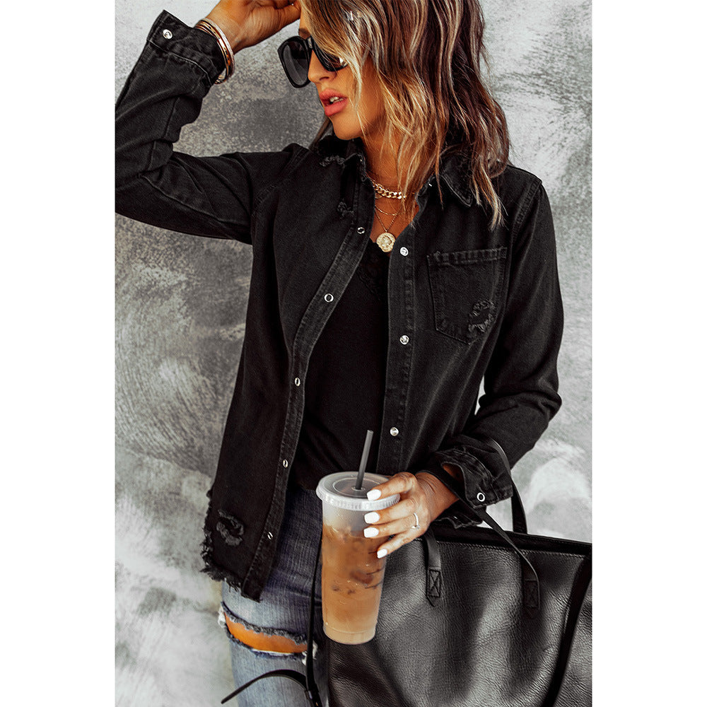 Black Ripped Denim Long Sleeve Jacket for Women