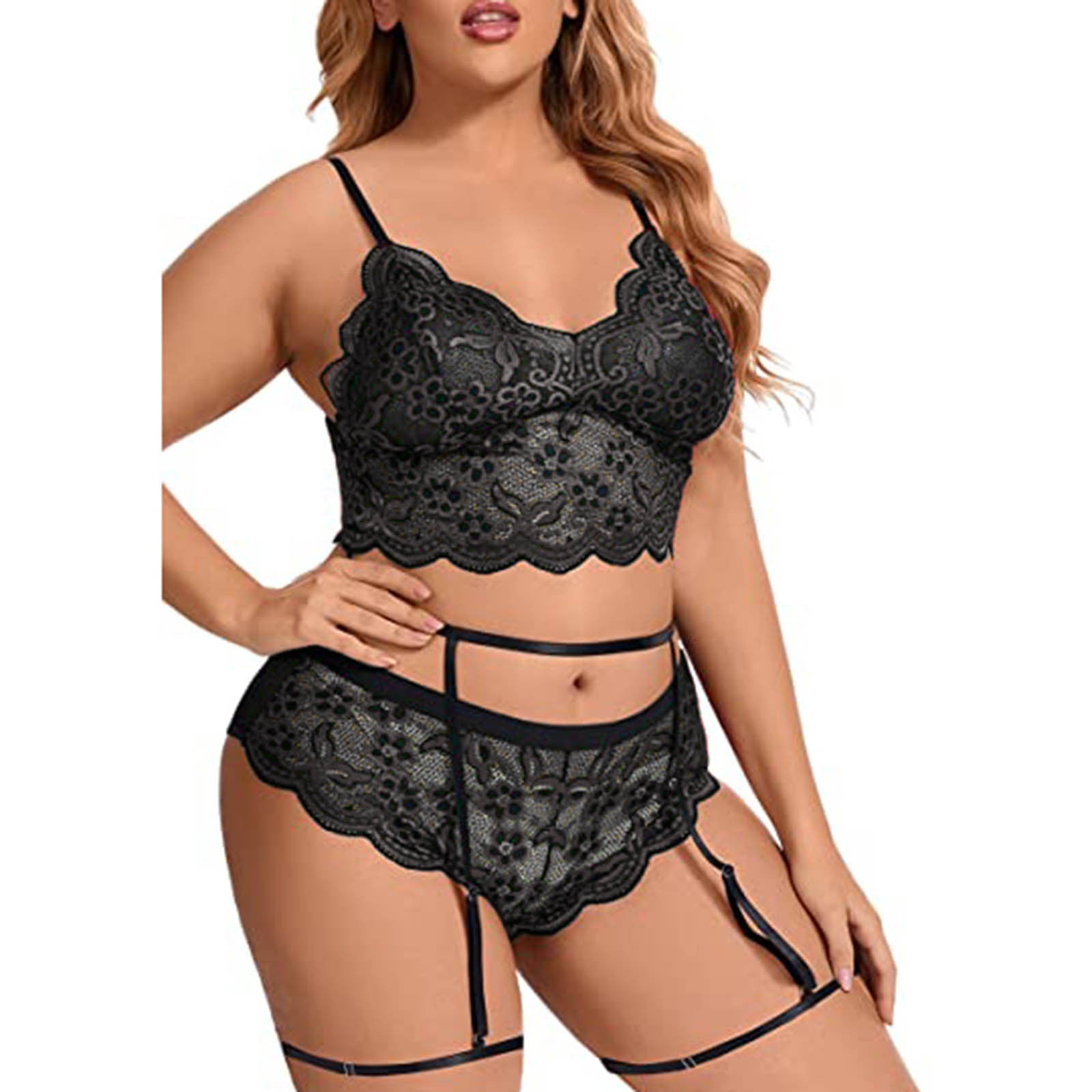 Black Satin Lace Temptation Lingerie - Full Model View