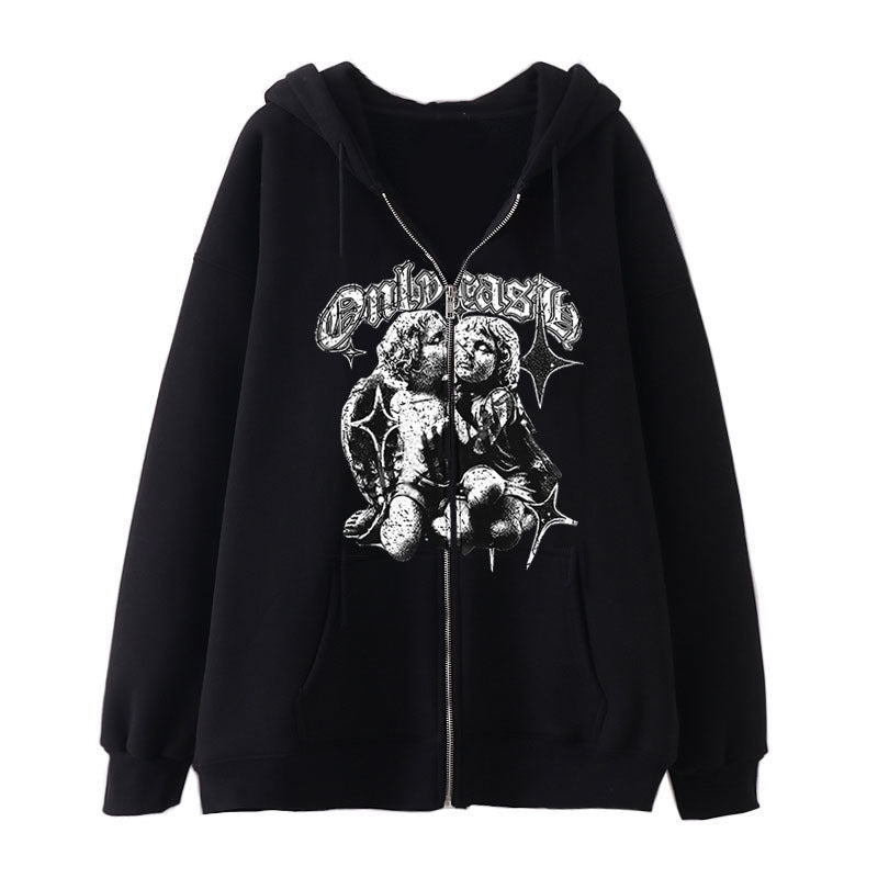 Black loose-fitting hoodie with zipper and angel wing design