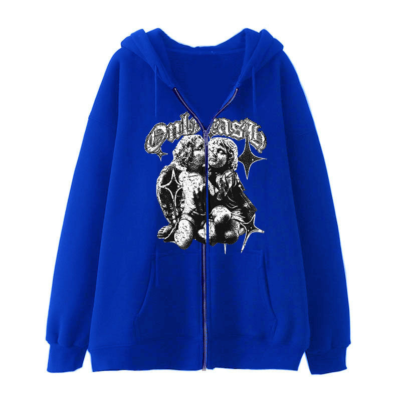 Blue-hollow casual hoodie with zipper, street fashion