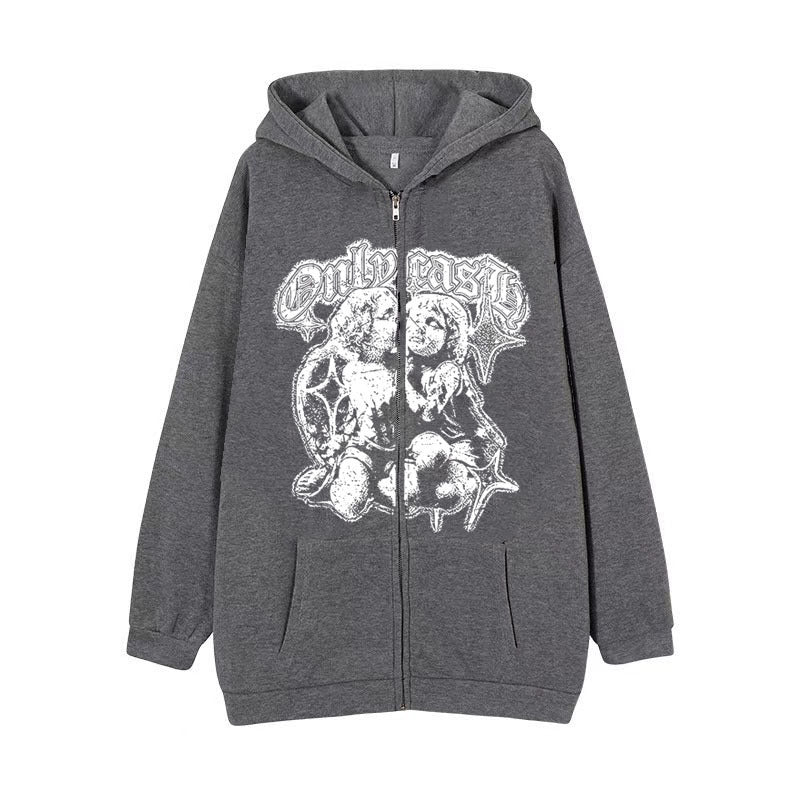 Dark gray-hollow casual hoodie with zipper, street fashion