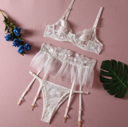 Embroidered thong from the white three-piece lingerie set