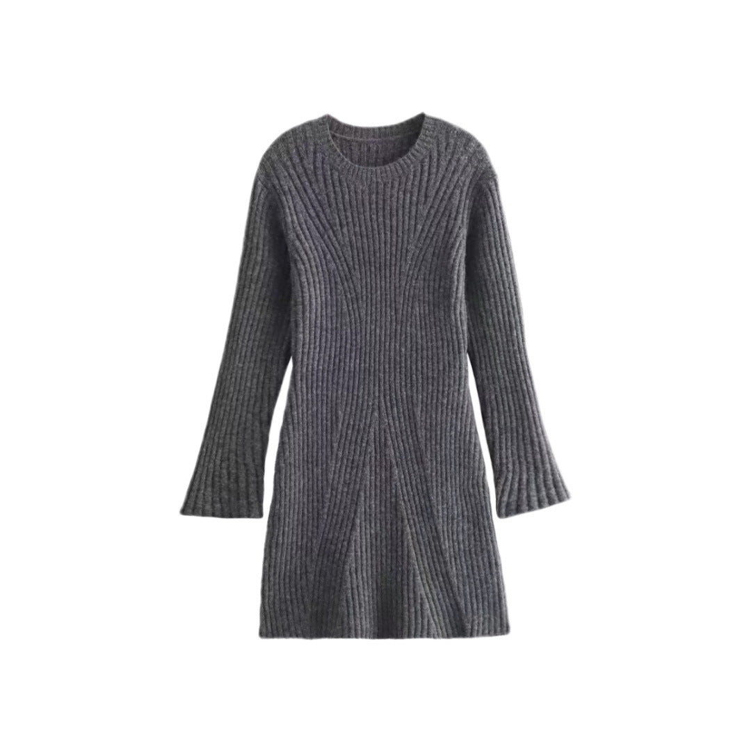 Fashion Slim Solid Ribbed Knitted Dress