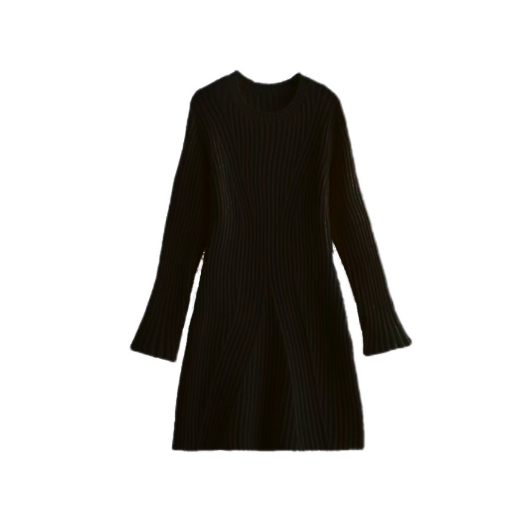 Fashion Slim Solid Ribbed Round Neck Knitted Dress Black