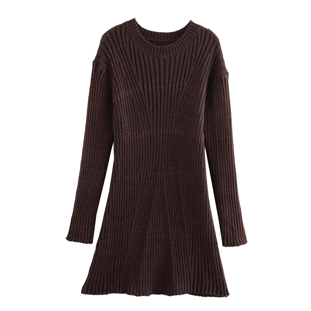 Fashion Slim Solid Ribbed Round Neck Knitted Dress Brown