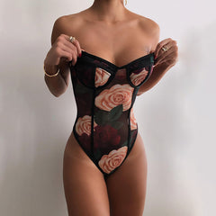 Front view of printed camisole with gauze halter.