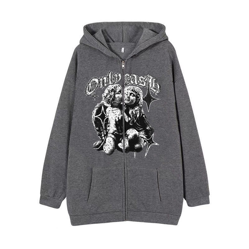 Gray loose-fitting hoodie with zipper and angel wing design