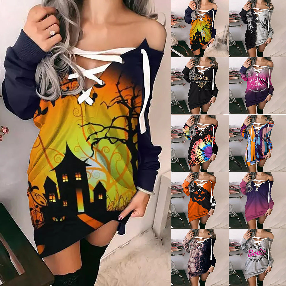 Halloween Long-Sleeved V-Neck Hipster Dress