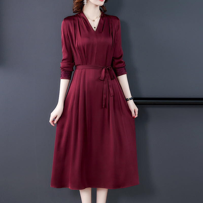 Heavy silk long-sleeved red dress - front view