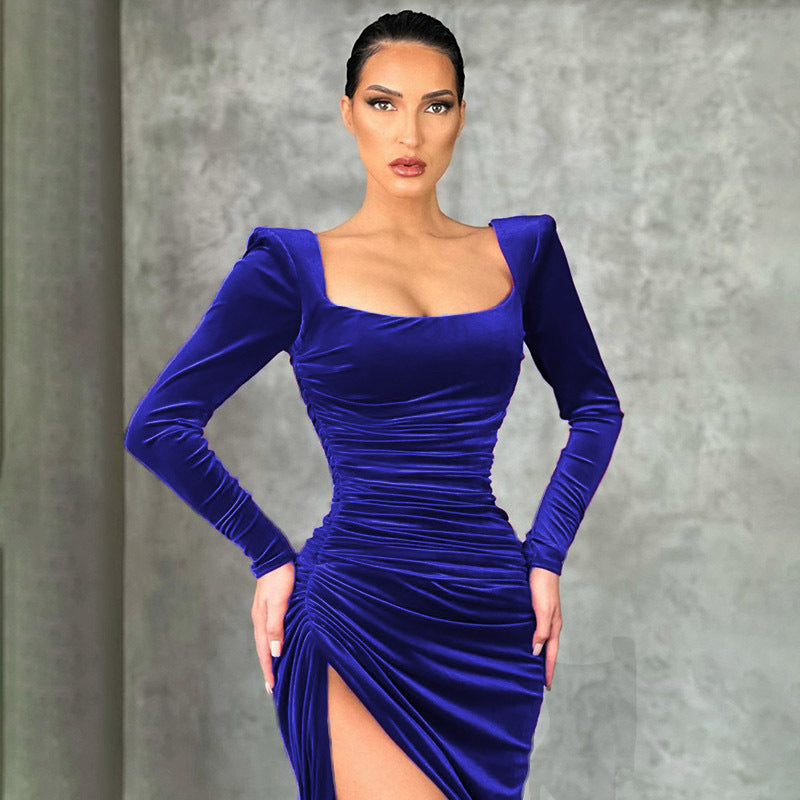 Ladies Long Sleeves Square Neck Velvet Dresses blue