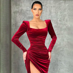 Ladies Long Sleeves Square Neck Velvet Long Dresses