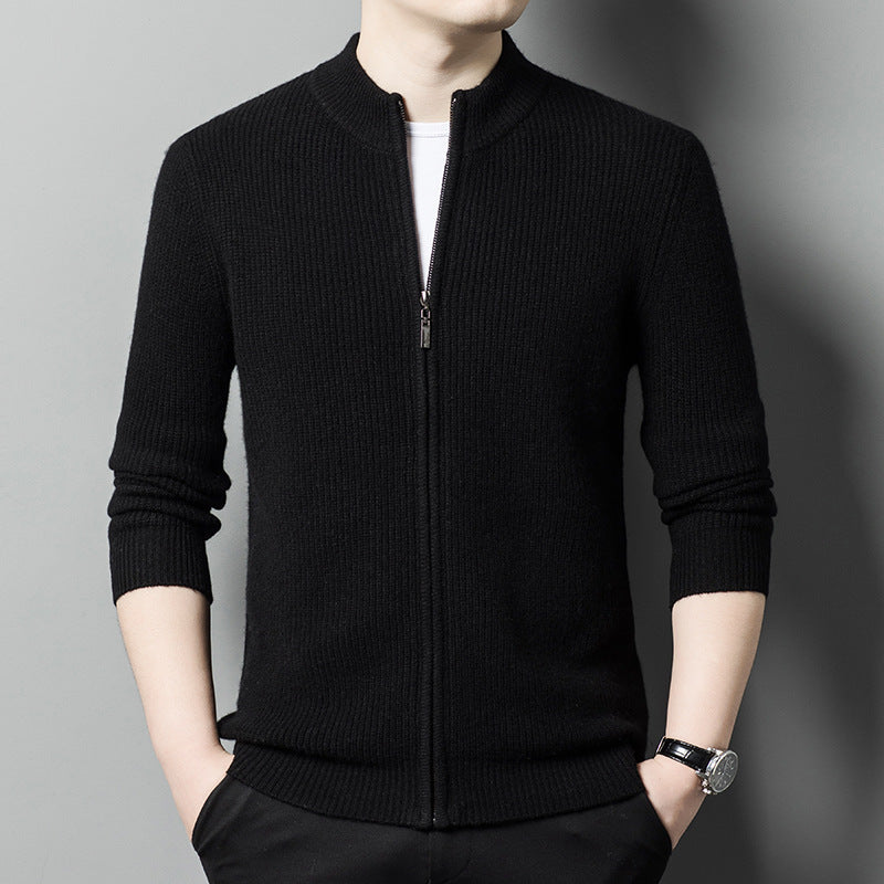 Casual Solid Color Stand Collar Zipper Knitted Cardigan