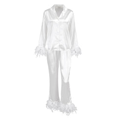 Summer European And American Ice Silk Pajamas Fashion Ostrich Feather Shirt Trousers Loose Two-piece Suit