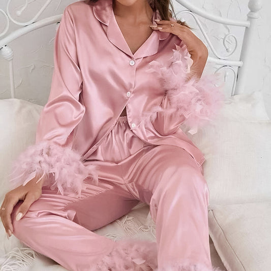 Summer European And American Ice Silk Pajamas Fashion Ostrich Feather Shirt Trousers Loose Two-piece Suit