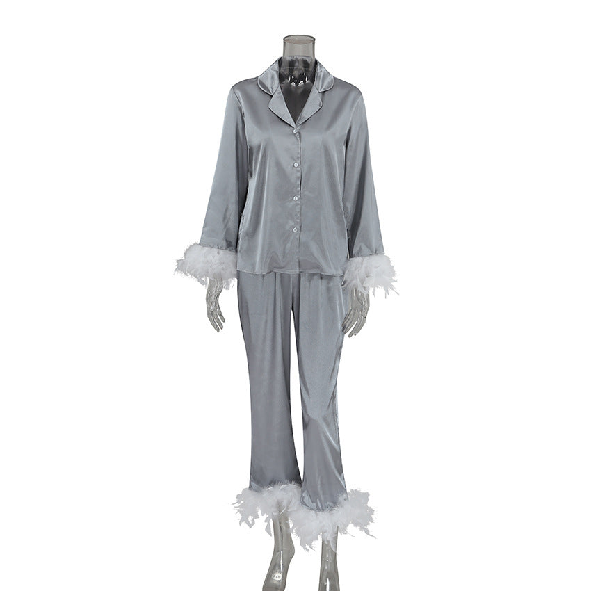 Summer European And American Ice Silk Pajamas Fashion Ostrich Feather Shirt Trousers Loose Two-piece Suit