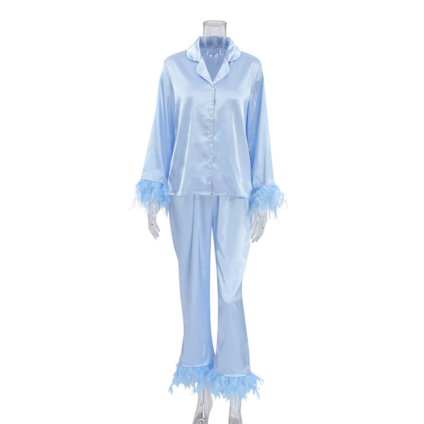 Summer European And American Ice Silk Pajamas Fashion Ostrich Feather Shirt Trousers Loose Two-piece Suit