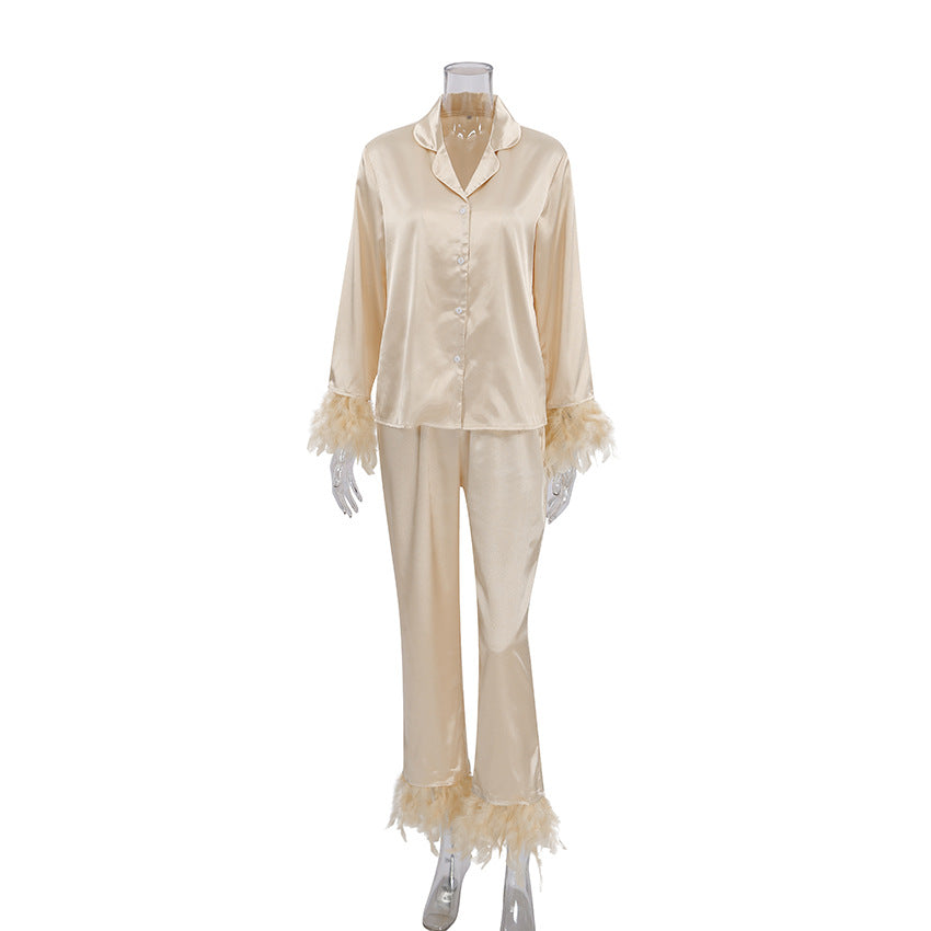 Summer European And American Ice Silk Pajamas Fashion Ostrich Feather Shirt Trousers Loose Two-piece Suit