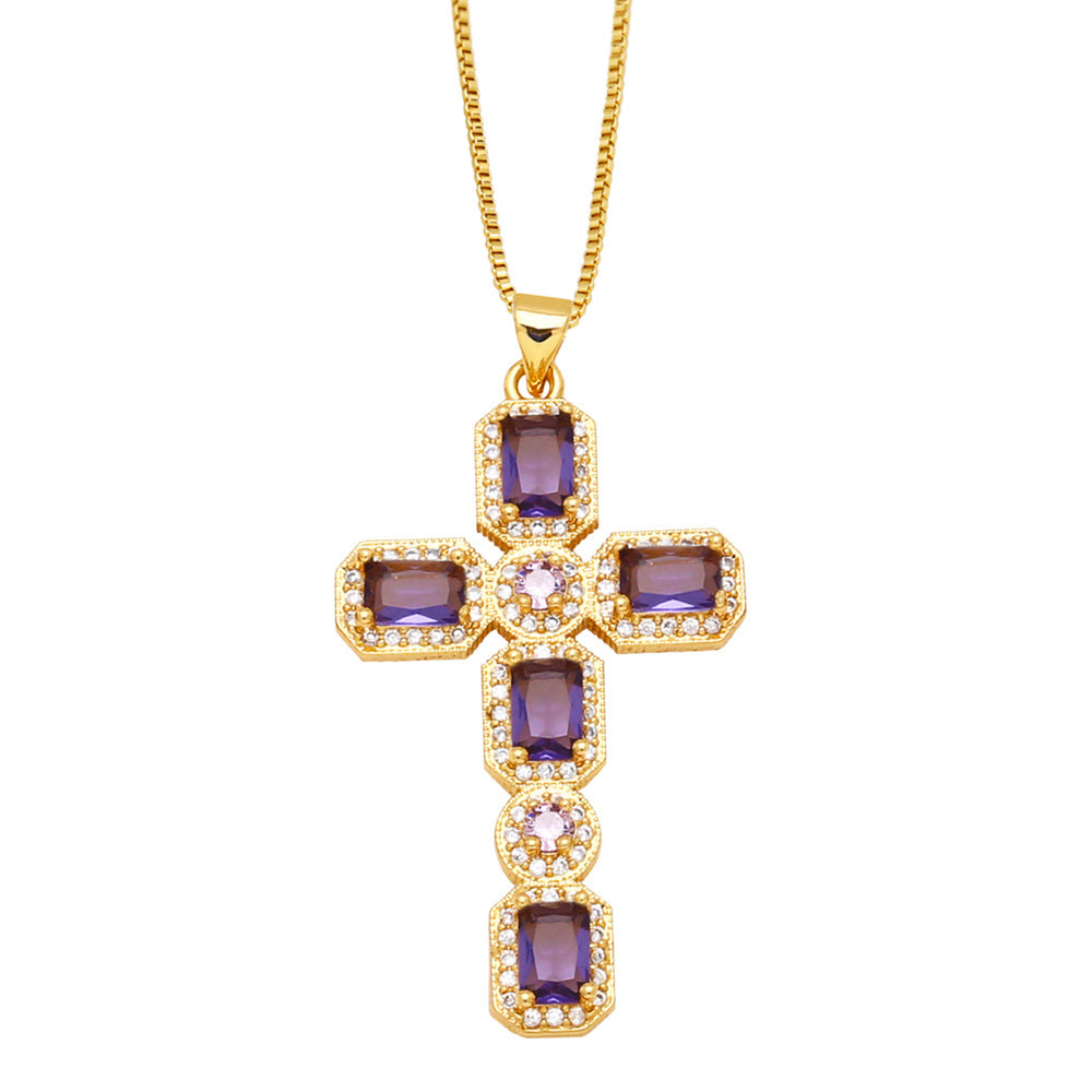 Personalized Hip Hop Cross Trendy Necklace Colorful Zircon Necklace