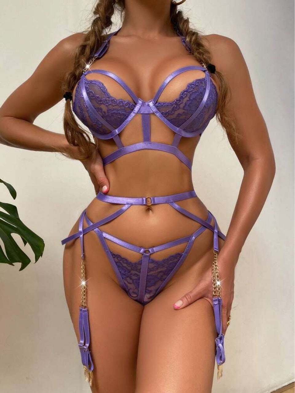 Purple lace-embroidered lingerie set, three-piece front view.