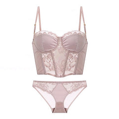 Purple pink lace trim bra set side view.