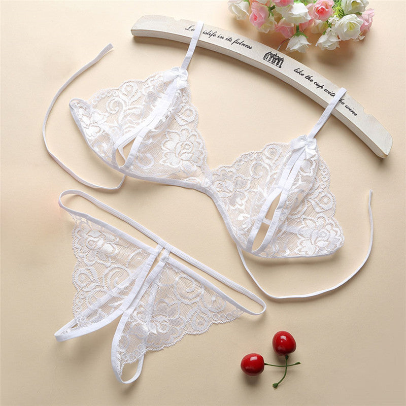 White three-point lingerie set, showing lace details.