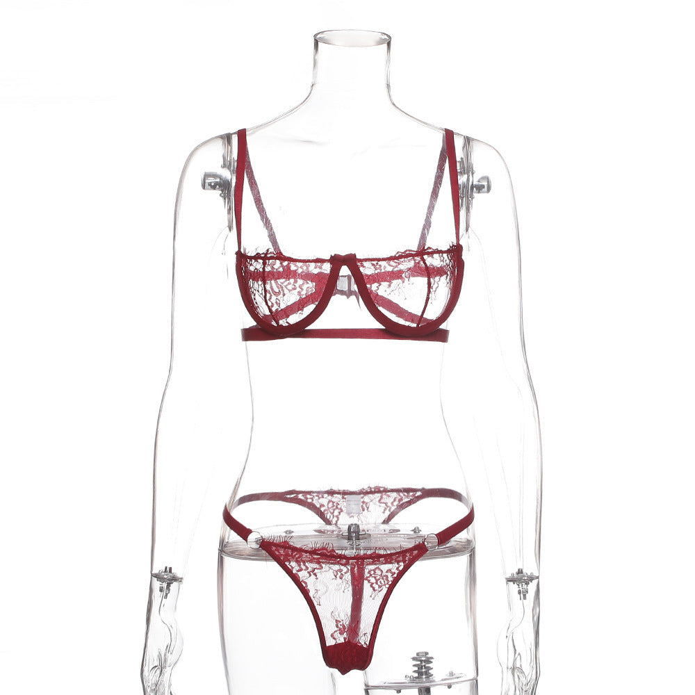 Wine Red Lace See-through Underwear